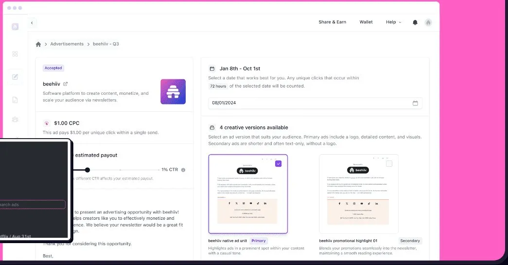 The beehiiv ad network: an accepted ad offer showing CPC, estimated payout, flight dates and creative versions