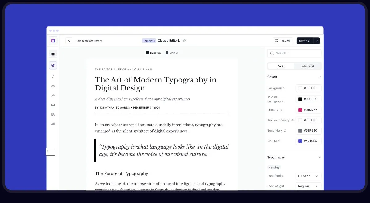 The beehiiv post editor: writing canvas in the center, colors and typography controls in a right panel