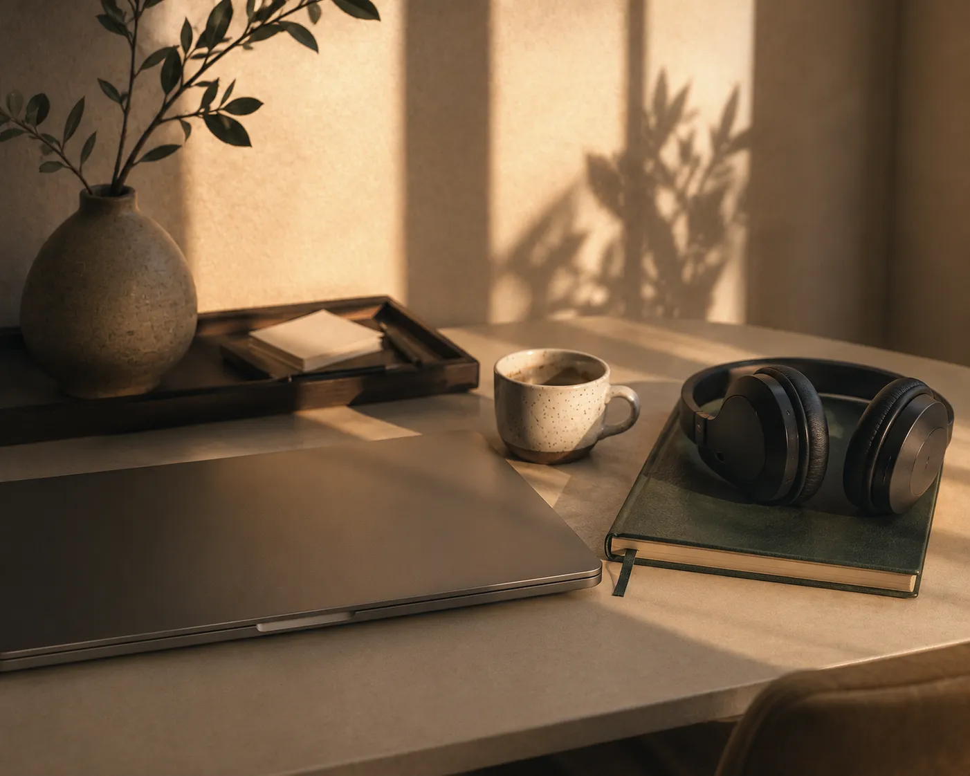 A quiet desk at golden hour: closed laptop, headphones resting on a green notebook, coffee